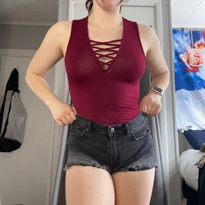Maroon V-Neck Bodysuit with cross-cross neckline